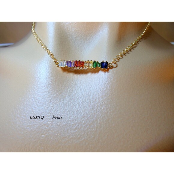 Rainbow Bar Baguette Necklace Gold Plated Citrine Kyanite PRIDE - Picture 5 of 6